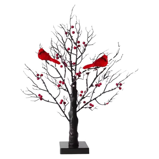 Lighted Mini Birch Tree Light LED Cardinals Christmas Tree Vintage Glowing Tree Light for Table Holiday Home Xmas Decoration